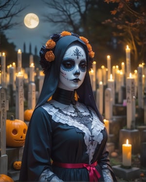 Anime manga illustration, hyper detailed, masterpiece, 8k, a doll appearing as a female white faceless mannequin figure with catrina makeup in a cemetary, with punpkins, candles, and bats, midnight, dark, poor lighting, ktrmkp,ktrmkp face paint,ktrmkp  makeup,Mannequin,egghead