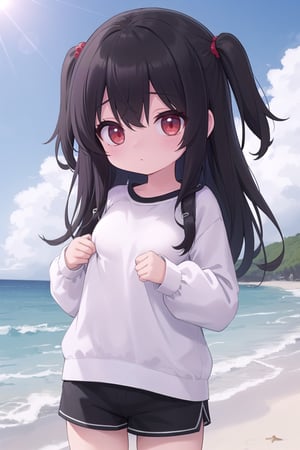 (masterpiece), best quality, high resolution, extremely detailed, detailed background, perfect lighting,loli,cyclops,one eyed,long sleeved shirt,shorts,long hair,two side up,black hair,red eyes,beach,sunny,clear sky,oppai_loli,