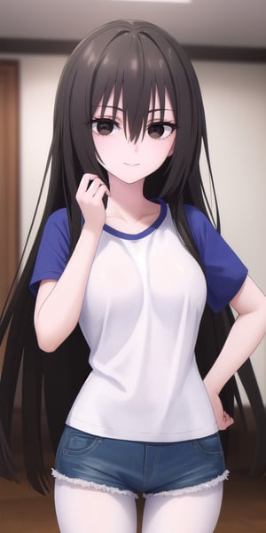 (masterpiece), best quality, high resolution, extremely detailed, detailed background, perfect lighting,kirukiru amou, long hair, black hair, very long hair, (black eyes:1.3), hair between eyes, (t-shirt:1.5), denim shorts, pantyhose, collarbone, light smile, joyful eyes, cute pose, BREAK indoors, hot springs, BREAK looking at viewer, (cowboy shot:1.5), BREAK, (masterpiece:1.2), best quality, high resolution, unity 8k wallpaper, (illustration:0.8), (beautiful detailed eyes:1.6), extremely detailed face, perfect lighting, extremely detailed CG, (perfect hands, perfect anatomy), solo, ultra beautiful, ((((feminine)))),hands on own hips,