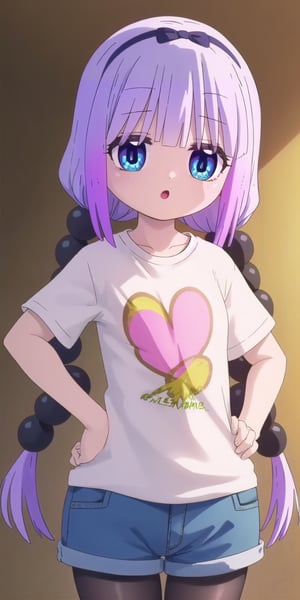 (masterpiece), best quality, high resolution, extremely detailed, detailed background, perfect lighting, kanna kamui, long hair, bangs, blue eyes, hair ornament, twintails, blunt bangs, low twintails, light purple hair, beads, dragon girl, hair beads, hairband, (t-shirt:1.5), denim shorts, pantyhose, collarbone,cute pose, BREAK indoors, hot springs, BREAK looking at viewer, (cowboy shot:1.5), BREAK, (masterpiece:1.2), best quality, high resolution, unity 8k wallpaper, (illustration:0.8), (beautiful detailed eyes:1.6), extremely detailed face, perfect lighting, extremely detailed CG, (perfect hands, perfect anatomy), solo, ultra beautiful, ((((feminine)))),hands on own hips,narrow waist,