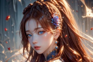 perfect hand, (masterpiece, top quality, best quality, official art, beautiful and aesthetic:1.2), (1girl), extreme detailed,(abstract, fractal art:1.3), golden brown hair,highest detailed, blue eyes, detailed_eyes, , scattered red rose petal, ghost, looking-at-viewer, ponytail hair,aespakarina