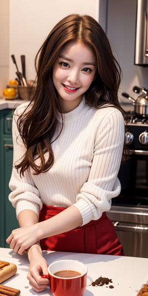 ,Photorealistic photo of a 18-year-old girl with long red curly hair softly framing her face, enjoying a cup of cocoa, Mickey Mouse logo on cup, big green eyes filled with curiosity and joy, soft and flawless skin, in a cozy kitchen setting, capturing a playful and carefree childhood moment. ,kwon-nara