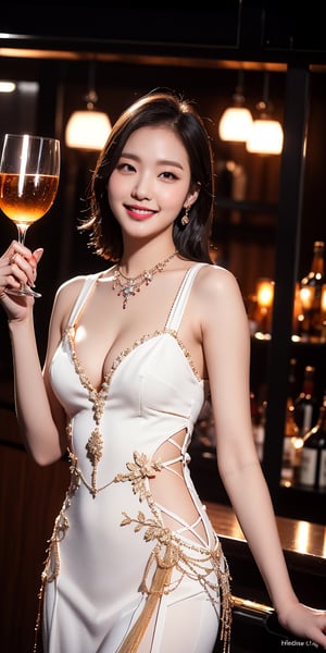 masutepiece, Best Quality, Illustration, Ultra-detailed, finely detail, hight resolution, 8K Wallpaper, Perfect dynamic composition, Beautiful detailed eyes, summer dress,Medium Hair,Natural Color Lip,necklace,(revealing a glimpse of cleavage :1.1),(holding a glass of water with my hand:1.3) ,Smile,cabaret club20 years girl,cowboy shot,night,asian girl