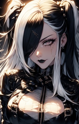 (two side up hairstyle:1.2),(long multicolor hair, transition hair, two tone hair, white hair, black hair:1.4),(black eyes),fringe((1 mature woman)), (busty),black tears makeup,black lipstick,large breasts, best quality, extremely detailed, HD, 8k,(busty), large breasts,combat long boots,ripped jeans, black corset, jacket with spikes