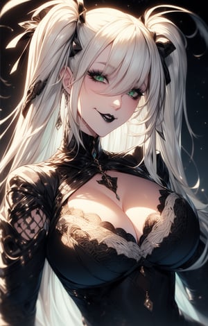 (two side up hairstyle:1.2),(long straight white hair:1.4),(green eyes),fringe((1 mature woman)), (busty),black makeup,black lipstick,large breasts, best quality, extremely detailed, HD, 8k,twintails,(busty), large breasts, black pants,black cowboy boots,black gloves fingerless,smile