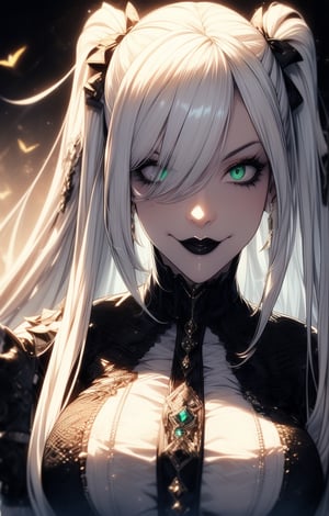 (two side up hairstyle:1.2),(long straight white hair:1.4),(green eyes),fringe((1 mature woman)), (busty),black makeup,black lipstick,large breasts, best quality, extremely detailed, HD, 8k,twintails,(busty), large breasts, black pants,black cowboy boots,black gloves fingerless,smile