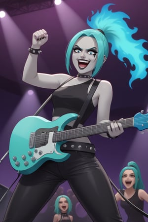 Extremely Realistic, zzEmber, ponytail, aqua hair, grey skin, goth, big belt, blue fire, playing electric guitar, concert stage, laughing,