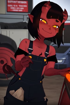 red skin, glowing yellow eyes, short devil horns, short black hair, petite, slutty smile, blushing, round face, mechanic workshop, overalls off shoulder, dirty, filthy, dirt on face