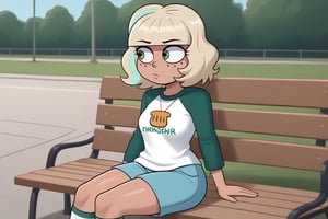 Jackie Lynn Thomas,1girl,solo,short hair,blonde hair,shirt,long sleeves,green eyes,white shirt,shorts,medium hair,kneehighs,freckles,blue shorts,raglan sleeves, public skatepark, sitting on park bench, massive cock, veiny_cock,dripping_precum, staring at cock, constricted_pupils