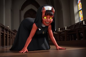 Meru the Succubus, red skin, glowing yellow eyes, short devil horns, short black hair, nun, church, laughing, mischievous, 1girl, full_body_view