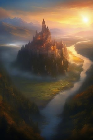 An ancient ruined medieval castle sits in the field in the foreground a vast mountain range off in the distance as the magnificent Sun rises and the light peaks over the mountains with dramatic cinematic lighting, a morning fog builds around the base of the trees of the forest nearby, insanely hyper-detailed river, insanely hyper-detailed trees, insanely hyper-detailed water, insanely hyper-detailed grass, insanely hyper-detailed mountains, high image quality, insanely high resolution, 4k resolution, beautiful ultra-realism, majestic, LegendDarkFantasy, 