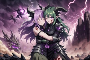 2 girls, lesbian, eyes closed, hugging, crying, bruise, dragon, blood, fantasy, shoulder armor, horns, curly hair, war, uniform, armored gauntlet, desert, dust storm in background, mature female, girl, war, tight skirt, narrowed eyes, chaos, dark sky, lightning, purple hair, white hair, pink hair, blue hair, green hair, draconictech, light explosions, 