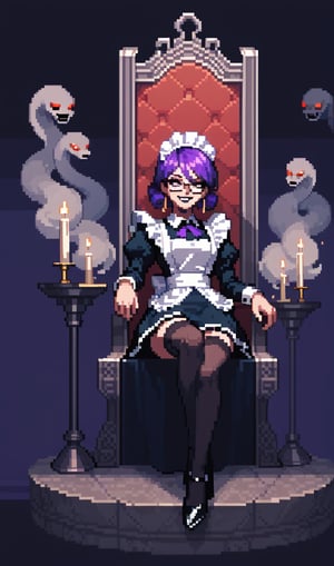 score_9, score_8_up, score_7_up, source_anime, pixel art, closeup, mature_woman, solo, StylePTN, Aristocratic, neon, arrogant, small_crown, Abyss_background, fog, maid, long_sleeves, long_skirt, white_cuffs, glasses, black lips, purple_hair, sitting in a throne, legs_crossed, black_stockings, garterbelt, high_heels, grin, pipes, ghostly_skulls, snakes of mist, abyssaltech, candles,abyssaltech 