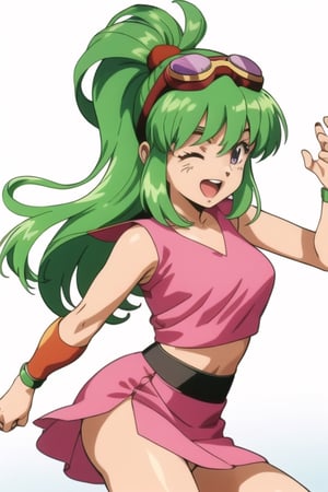 young girl, 90s anime, athletic, anime, bright green hair, long hair, bangs, goggles, digimon, laughing, dancing, pink skirt, digivice, 90s