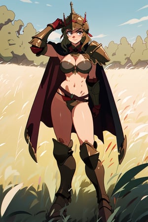 bikini armor, dark tan, sharp eyelashes, cleavage, plate armor, armored gloves, large breasts, midrif, skindendation, long hair, neck armor, shoulder armor, knee armor, armored boots, fantasy helmet, exposed thighs, cape, 1990s (style), grassy field background, mature female, (best quality, masterpiece), bicep pose
