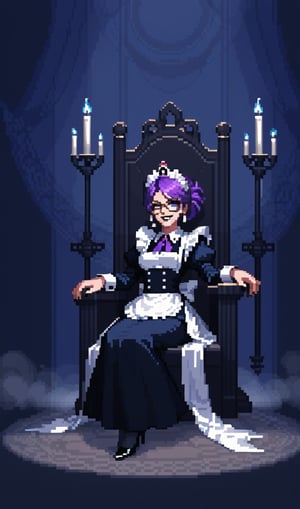 score_9, score_8_up, score_7_up, source_anime, pixel art, closeup, mature_woman, solo, StylePTN, Aristocratic, neon, arrogant, crown, Abyss_background, fog, maid, long_sleeves, long_skirt, white_cuffs, glasses, black lips, purple_hair, sitting in a throne, legs_crossed, black_stockings, garterbelt, high_heels, grin, pipes, ghostly_skulls, snakes of mist, abyssaltech, candles,abyssaltech 