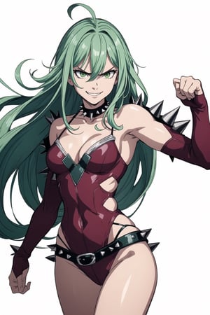 White background, 1 adult woman, medium breasts, bright green hair, long hair, green eyes, ahoge, cleavage, spikes, slutty gang costume, punk, shoulder muscles, angry smile, dancing