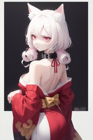 adult woman, mature woman, solo, cat_ears, light_pink_kimono, albino, white skin, pink eyes, pink_cat_ears, open_back, cleavage, exposed shoulders, white hair, very_long_hair, collar, cat_bell, cat_girl, narrowed_eyes, angry_eyebrows, curly_hair, arms crossed, thin, skinny