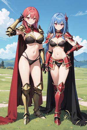 bikini armor, dark tan, sharp eyelashes, cleavage, plate armor, 2 girls, armored gloves, large breasts, midrif, skindendation, long hair, neck armor, shoulder armor, knee armor, armored boots, fantasy hair ornament, exposed thighs, cape, 1990s (style), grassy field background, mature female, (best quality, masterpiece), arm up, hand in hair, glamour pose, spikey armor