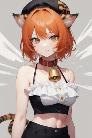 adult woman, mature woman, solo, cat_ears, halter top, exposed shoulders, orange hair, short_hair, collar, cat_bell, cat_girl, narrowed_eyes, smug, exposed_midriff, tiger_stripes, black_beret, tabby, stupid, insane