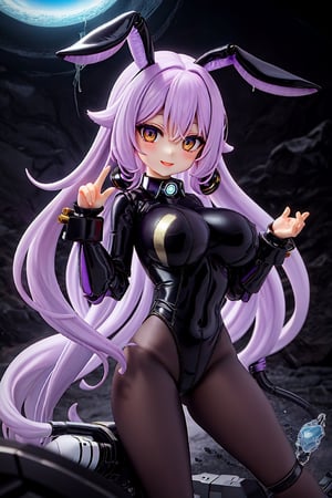 toy, chibi, joints, black leotard, stretched fabric across the breasts, black collar, black rabbit ears, black pantyhose, cute, pale lilac hair, very long hair, curly hair, gold eyes, very large breasts, narrowed eyes, skindentation, scifi, hydrotech, :), ulblackholetech