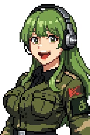 White Background, waist-up, medium closeup, Adult woman, camouflage uniform, headphones, long hair, bright green hair, long hair, bangs, medium breasts, 90s anime, masterpiece, pinup, athletic, laughing, army, anime, Pixel art, clevage