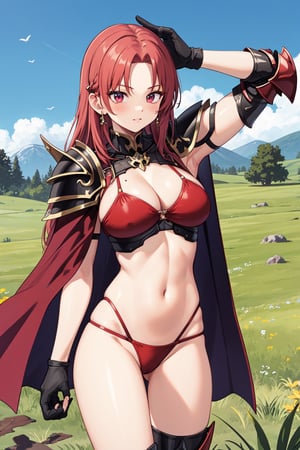 bikini armor, dark tan, sharp eyelashes, cleavage, plate armor, armored gloves, large breasts, midrif, skindendation, long hair, neck armor, shoulder armor, knee armor, armored boots, fantasy hair ornament, exposed thighs, cape, 1990s (style), grassy field background, mature female, (best quality, masterpiece), arm up, bicep