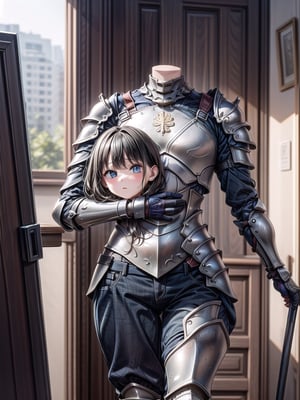 girl wearing armor she holding her Head in her arms ,Disembodied,HEADLESS