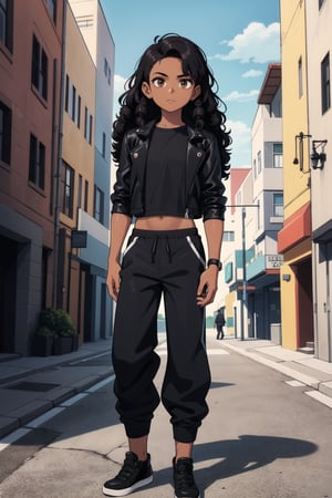 1 girl, dark black hair (curly hair, long hair), (dark skin), ((dark indian skin)), dark brown skin, (best quality),(brown eyes), thin body, slim body,
leather jacket, black top, black baggy joggers (wool joggers, baggy pants) , black leather boots,
Standing in the street,