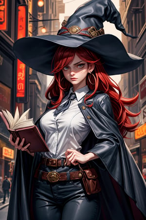 cowboy shot of a woman wearing a police uniform, suit shirt, black magic cloak, red hair, big witch hat, pants, clear skin, skinny, slim body, with a book in the belt, long earrings, angry, mole in the cheek, model pose, magic city street in the night, fantasy background, realist background, Realism,Portrait,