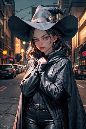 cowboy shot of a woman wearing a police uniform, black suit shirt, black magic cloak, big witch hat, pants, clear skin, skinny, slim body, long earrings, angry, mole in the cheek, magic city street in the night, fantasy background, realist background, Realism,Portrait, melissabenoist-smf,m4rg0t