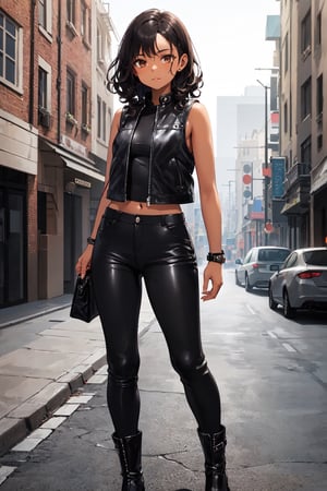 1girl, dark black hair, curly hair, (dark skin), ((dark indian skin)), dark brown skin, (best quality),(brown eyes), round face, curvy, 
black sleeveless, leather jacket, black baggy pants, black leather boots,
Standing in the street,