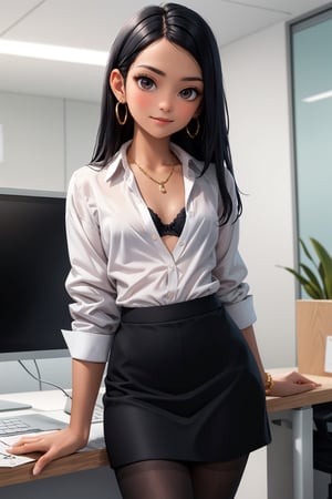 cowboy shot of 1girl, adult female, dark black hair (straight hair, long hair, hair divided in half), dark skin (dark indian skin, dark brown skin), (best quality), brown eyes,
Wearing a office suit, (grey business jacket, white button-up shirt (cleavage, closed shirt, black bra under the shirt), grey office skirt, sexy black high tights), big golden earrings, gold necklace

at office, confident businesswoman, office setting, at office, working, office setting, slight smile, confident expression, girl by herself, girl alone at work, 