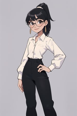 masterpiece, best quality, 1girl, standing in an office, solo, (black hair, ponytail, round glasses), ((fringe)), big eyebrows, happy smile, closed mouth, (white button shirt, black pants, big earrings, flat chest, SAM YANG, office background, office settings, 