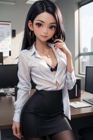 cowboy shot of 1girl, adult female, dark black hair (straight hair, long hair, hair divided in half), dark skin (dark indian skin, dark brown skin), (best quality), brown eyes,
Wearing a office suit, (grey business jacket, white button-up shirt (cleavage, closed shirt, black bra under the shirt), grey office skirt, sexy black high tights), big golden earrings, gold necklace

at office, confident businesswoman, office setting, at office, working, office setting, slight smile, confident expression, girl by herself, girl alone at work, 