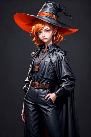 cowboy shot of a woman wearing a police uniform, orange hair, black suit shirt, black magic cloak, big witch hat, pants, clear skin, skinny, slim body, long earrings, model pose, in a magic city street, in the night, fantasy background, realist background, Realism,Portrait, ,sks woman