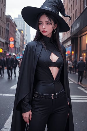 full shot of a woman wearing a police uniform, black suit shirt, black magic cloak, black medium hair, big witch hat, pants, clear skin, skinny, slim body, long earrings, angry, mole in the cheek, model pose, magic city street in the night, fantasy background, realist background,