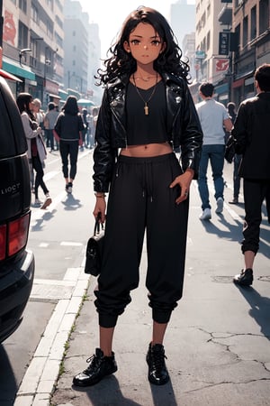 1girl, dark black hair (curly hair, long hair), (dark skin), ((dark indian skin)), dark brown skin, (best quality),(brown eyes), curvy, 
leather jacket, black top, black baggy joggers (wool joggers, baggy pants) , black leather boots,
Standing in the street,