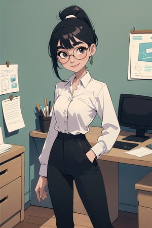 masterpiece, best quality, 1girl, standing in an office, solo, (black hair, ponytail, round glasses), ((fringe)), big eyebrows, happy smile, closed mouth, (white button shirt, black pants, big earrings, flat chest, SAM YANG, office background, office settings, 