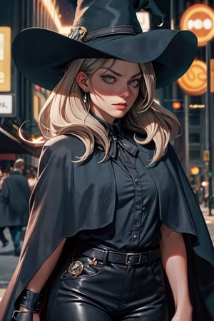 cowboy shot of a woman wearing a police uniform, black suit shirt, black magic cloak, big witch hat, pants, clear skin, skinny, slim body, long earrings, angry, mole in the cheek, magic city street in the night, fantasy background, realist background, Realism,Portrait, melissabenoist-smf,m4rg0t