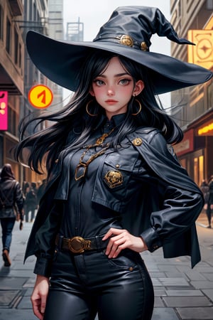 cowboy shot of a woman wearing a police uniform, shirt, black magic cloak, big forehead, dark black long hair, very straight hair divided in half, straight hairstyle cut, big witch hat, pants, clear skin, skinny, slim body, long earrings, mole in the cheek, model pose, magic city street in the night, fantasy background, realist background, Realism,Portrait,