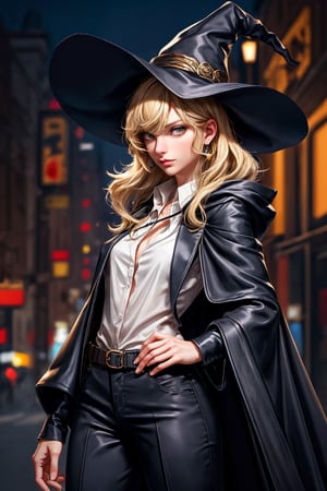 cowboy shot of a woman wearing a police uniform, blond hair, black suit shirt, black magic cloak, big witch hat, pants, clear skin, skinny, slim body, long earrings, model pose, in a magic city street, in the night, fantasy background, realist background, Realism,Portrait, taylor swift,