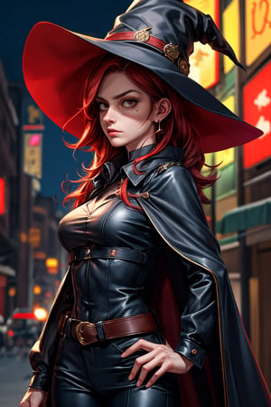 cowboy shot of a woman wearing a police uniform, suit shirt, black magic cloak, red hair, big witch hat, pants, clear skin, skinny, slim body, long earrings, angry, mole in the cheek, model pose, magic city street in the night, fantasy background, realist background, Realism,Portrait,