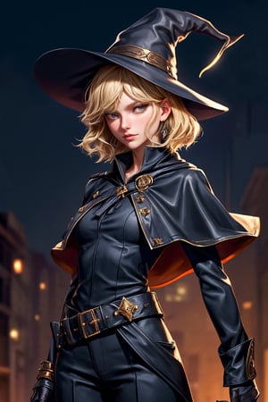 cowboy shot of a woman wearing a police uniform, blond hair, black suit shirt, black magic cloak, big witch hat, pants, clear skin, skinny, slim body, long earrings, model pose, in a magic city street, in the night, fantasy background, realist background, Realism,Portrait, taylor swift,