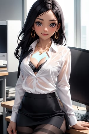 cowboy shot of 1girl, adult female, dark black hair (straight hair, long hair, hair divided in half), dark skin (dark indian skin, dark brown skin), (best quality), brown eyes,
Wearing a office suit, (grey business jacket, white button-up shirt (cleavage, open shirt, black bra under the shirt), grey office skirt (raising the skirt, visible black panties), sexy black high tights), big golden earrings, gold necklace

at office, confident businesswoman, office setting, at office, working, office setting, slight smile, confident expression, girl by herself, girl alone at work, 