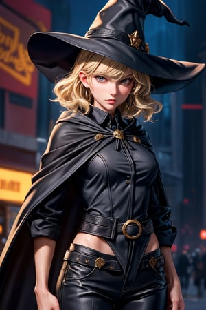 cowboy shot of a woman wearing a police uniform, blond hair, black suit shirt, black magic cloak, big witch hat, pants, clear skin, skinny, slim body, long earrings, model pose, in a magic city street, in the night, fantasy background, realist background, Realism,Portrait, taylor swift,