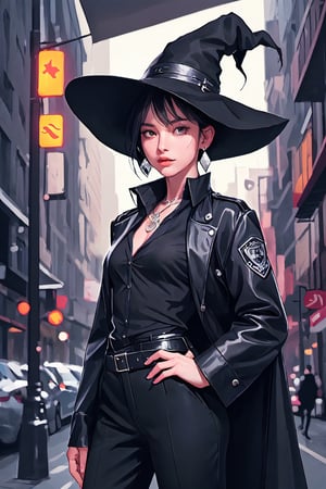 full shot of a woman wearing a police uniform, black suit shirt, black magic cloak, black short hair, big witch hat, pants, clear skin, skinny, slim body, long earrings, angry, mole in the cheek, model pose, magic city street in the night, fantasy background, realist background,