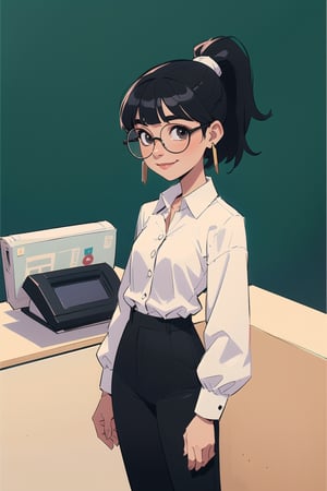 masterpiece, best quality, 1girl, standing in an office, solo, (black hair, ponytail, round glasses), ((fringe)), big eyebrows, happy smile, closed mouth, (white button shirt, black pants, big earrings, flat chest, SAM YANG, office background, office settings, 