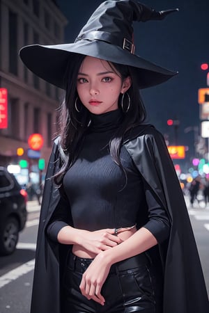 full shot of a woman wearing a police uniform, black suit shirt, black magic cloak, black medium hair, big witch hat, pants, clear skin, skinny, slim body, long earrings, angry, mole in the cheek, model pose, magic city street in the night, fantasy background, realist background,