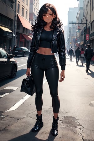 1girl, dark black hair (curly hair, long hair), (dark skin), ((dark indian skin)), dark brown skin, (best quality),(brown eyes), curvy, 
leather jacket, black top, black baggy joggers, black leather boots,
Standing in the street,